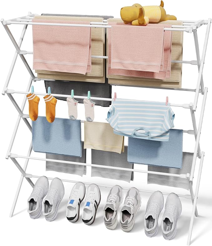 Sakugi Foldable 3-Tier Clothes Drying Rack 42.1" H with Non-Slip Feet | Indoor & Outdoor Use, Space Saving, Metal Frame, 14.6" D x 39.4" W, White