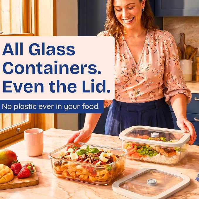 Non-Toxic Glass Food Containers with Lids, 2-Pack, 50 oz, Airtight, Gray | Plastic & BPA free. Glass body, glass lid & platinum silicone seal. Airtight & leakproof. Freezer & microwave safe.
