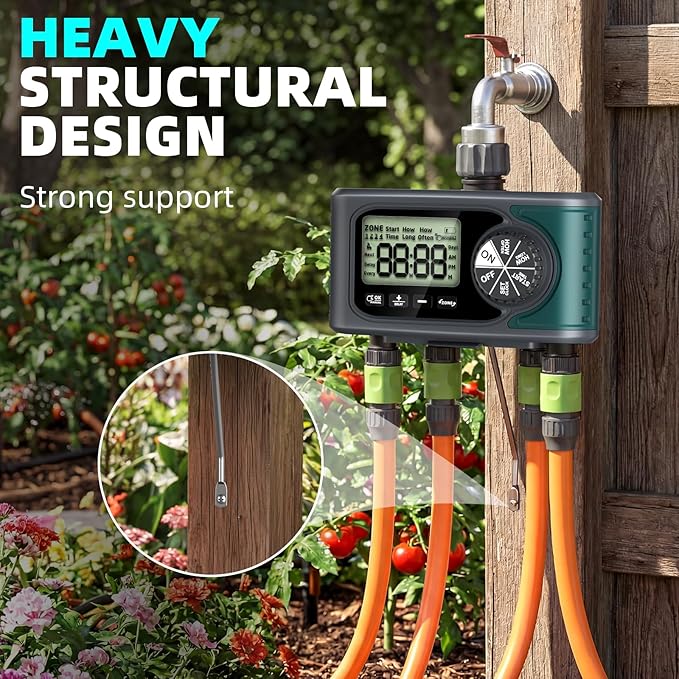 Sprinkler Timer 4 Zone, Programmable Water Timer for Garden Hose with Rain Delay, Manual and Automatic Irrigation Controller System, 4 Outlets Timed Irrigation Controller System for Lawn