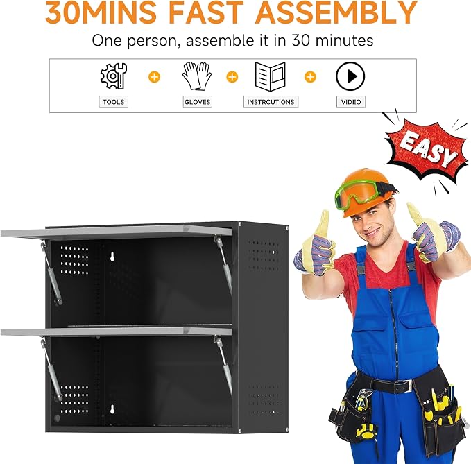 Metal Garage Wall Cabinet with Up-Flip Door, Black Float Tool Cabenit with 2 Doors,Upper Storage Cabinets with Pegboard for Kitchen,Garage,Workshop,Warehouse (25.6" H,Black&Gray)