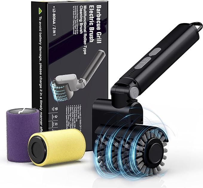 Electric Grill Brush, Cordless Automatic BBQ Cleaner with 3-Speed Control, Rechargeable Grill Cleaning Brush with Stainless Steel Heads & Scouring Pad, BBQ Accessories Gift for Men