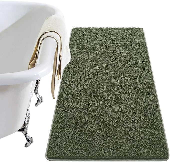 LOCHAS Luxury Bathroom Rug Shaggy Bath Mat 24 x 48 Inch, Olive Green | Washable Non Slip Bath Rugs for Bathroom Shower, Soft Plush Chenille Absorbent Carpets