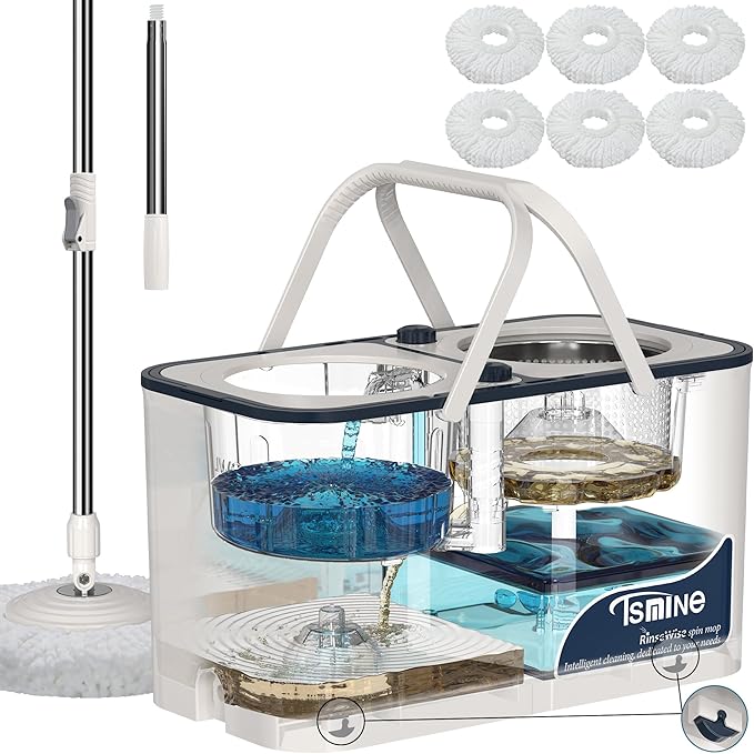 RinseWise Large Gen 1 Spin Mop and Bucket with Wringer, 2 Gal Clean Water Capacity, 4-Chamber Clean & Dirty Water Separation, 4 Swivel Wheels, 61" Handle, 6 Mop Heads for Hardwood & Tile Floors