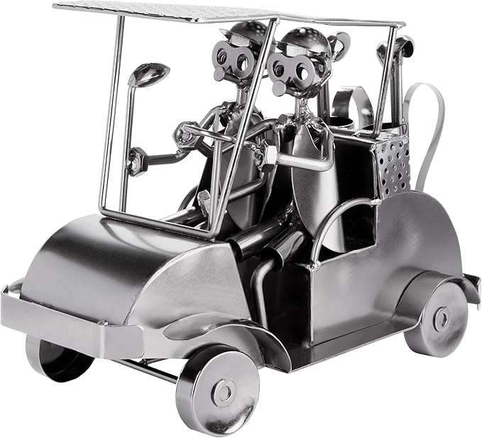 BRUBAKER Nuts and Bolts Sculpture Golf Cart - Handmade Metal Man Figure Golf - 9.4 Inches Art Figure with Bolts and Metal Pieces - Gift Idea for Golf Fans