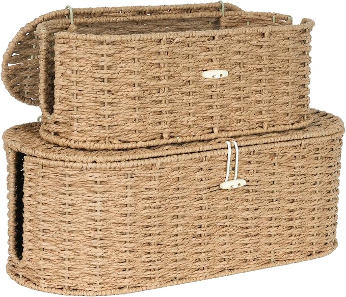 Set of 2 Cable Management Box, Handwoven Paper Rope Cord Hider Organizer Boxes with 3 Side Open Slots, Cable Organizer Box to Hide Cords Power Strip, USB Hub, TV Wires for Home, Office