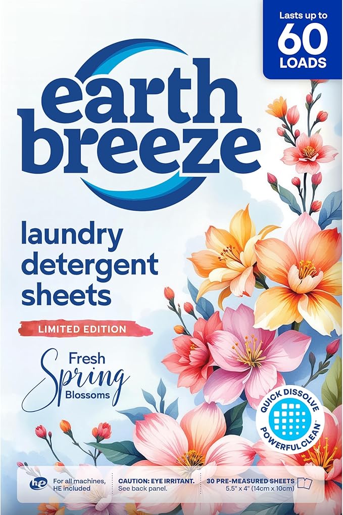 Earth Breeze Laundry Detergent Sheets Fresh Spring Blossoms - 60 Loads - Eco Laundry Sheets - Travel Laundry Soap Sheets for Hot & Cold Cycles - Tackles Tough Stains & Odors - Gentle on Skin, 30 Ct