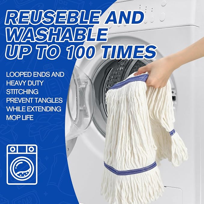 Eccliy 3 Pack Commercial Mop Heads Replacement Heavy Duty 18 oz Loop End Cotton String Wet Mop Refills Washable Absorbent Reusable for Industrial Home Tile Wood Concrete Floor (White,Blue)