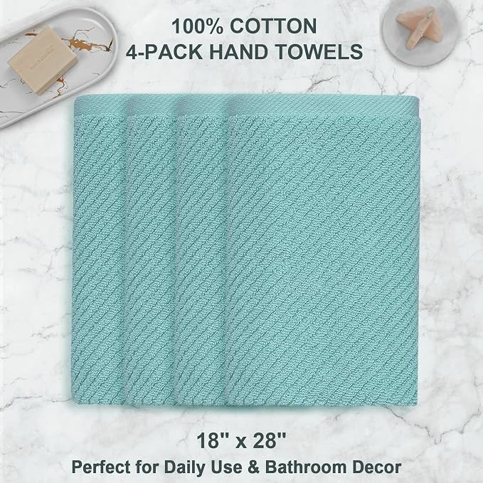 VOOVA & MOVAS Hand Towels 4PC, 100% Cotton, 18x28 in, Aqua Teal | Quick Dry, Soft, Absorbent, Thick Fluffy Towel Set For Showering, Towel Gift Set, Suitable For Bathroom, Travel, Gym