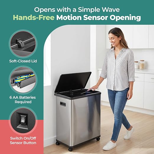 HOLDN’ STORAGE 60L Dual Kitchen Trash & Recycling Bin, Motion Sensor Opening, Soft-Close Lid, Removable Inner Buckets, Stainless Steel, 2 Trash Bag Rolls Included