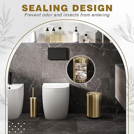 Maxdot 4 Pcs 2.4 Gallon/9 L Gold Bathroom Trash Can with Flip Lid and Toilet Brush Set, Hotel Small Stainless Steel Luxury Garbage Trash Can Wastebasket Bin for Home Bathroom Bedroom Kitchen Office