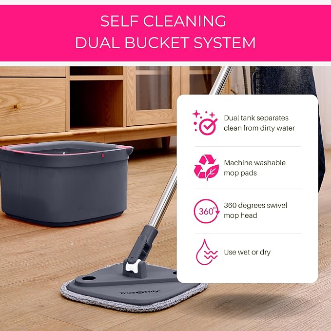 True & Tidy Square Spin Mop & Bucket System w/Extra Squeegee Head