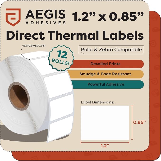 Aegis Adhesives - 1.2" X 0.85" Direct Thermal Printer Labels (18000 Count, 12 Rolls) - Barcode Stickers, SKU Labels, Product IDs - Compatible with Zebra Desktop Printers, NOT Rollo Compatible