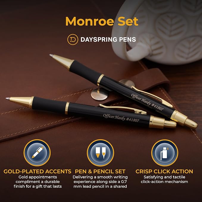 Dayspring Pens Monroe Pen and Pencil Set, Black Lacquer with Gold Accents, Custom Engraved — Graduation, Promotion, Anniversary, or New Job Gift