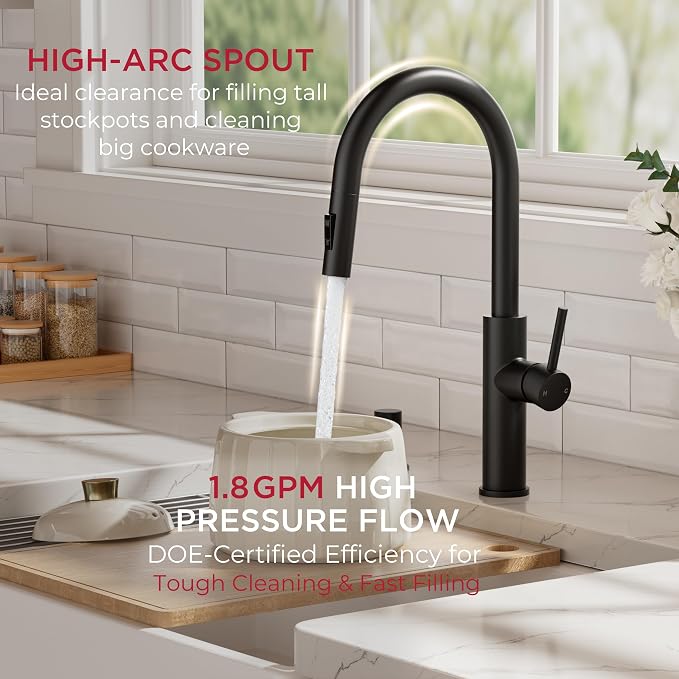 FORIOUS Kitchen Faucet with Soap Dispenser, Modern Matte Black, Single Handle High Arc Stainless Steel Kitchen Sink Faucet with Pull Down Sprayer, 1 or 3 Hole Deck Mount for RV, Laundry, Outdoor