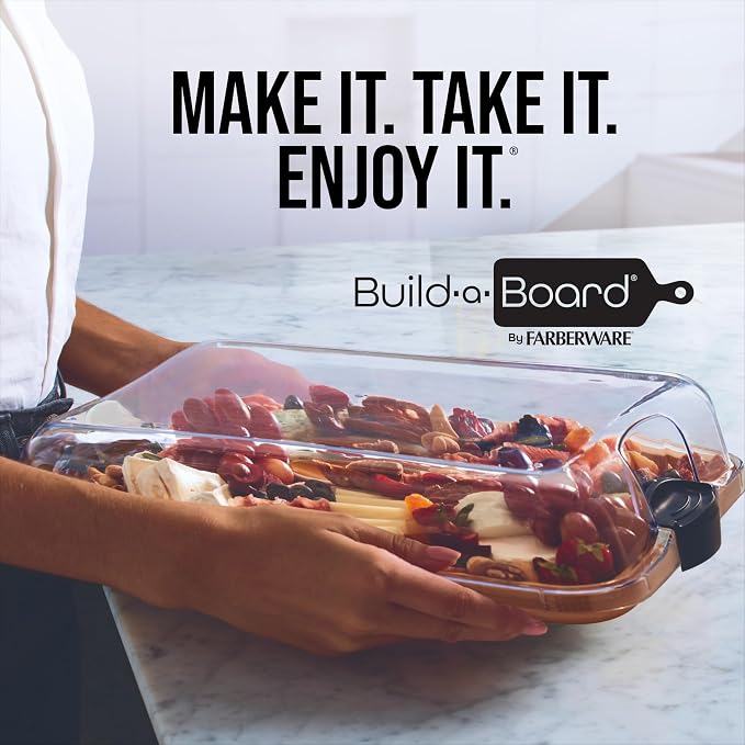 Farberware Bamboo Cutting Board with Clear Locking Lid, 11 x 14 Inch Build-A-Board Charcuterie Board with 6 Compartments for Food Prep, Snack Tray, and Entertaining
