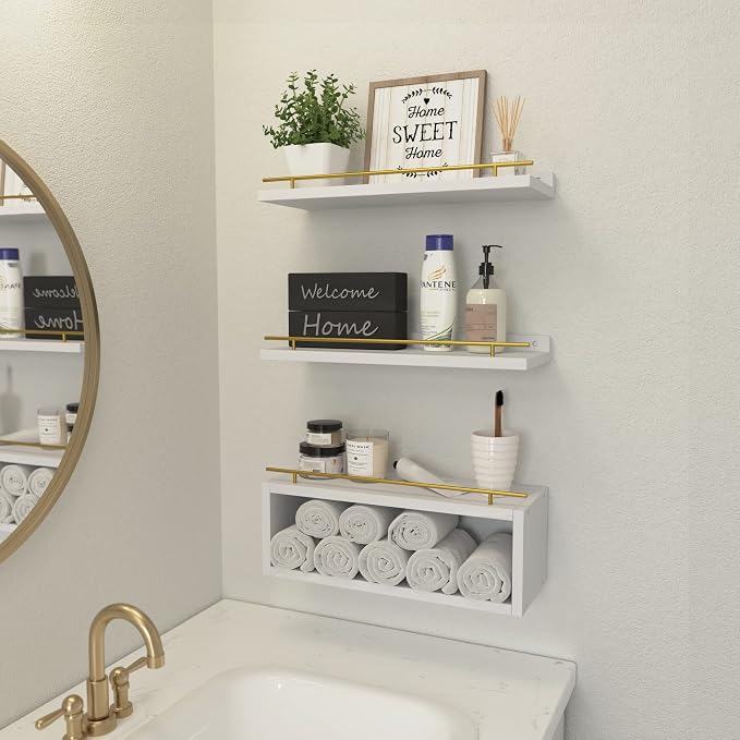 WOPITUES Floating Shelves for Wall with Cube Shelf, Wall Shelves with Metal Rail for Decor, Bathroom Organizers and Storage, Over Toilet Shelves for Bathroom, Toilet Paper-White&Gold