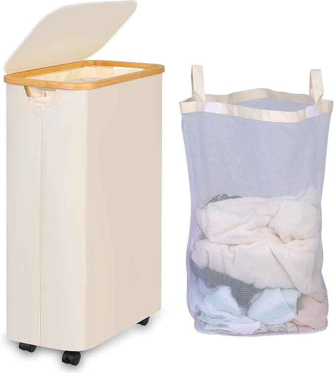 iEGrow 75L Slim Laundry Hamper, Narrow Laundry Basket with Lid,Foldable Clothes Hamper with Wheels,Hamper Basket with Removable Inner Bag for Laundry Room Bedroom College Dorm,17.17 Gals Grey