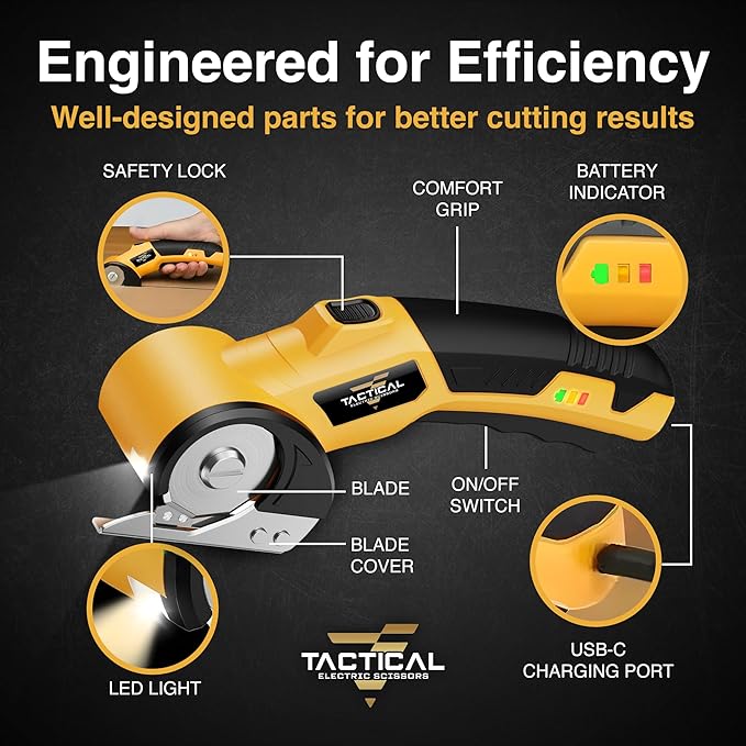 Tactical Electric Scissors Cordless Cardboard Cutter Electric Box Cutter for Cardboard 4V Rechargeable Power Scissors with Safety Lock LED Light for Carpet Plastic Leather