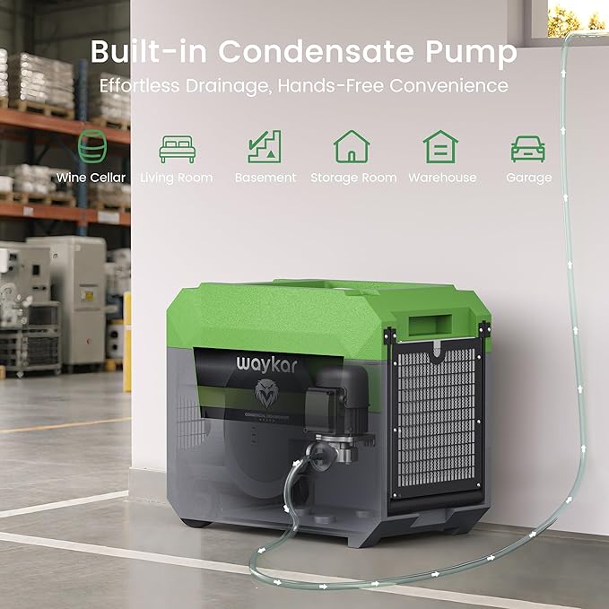 Waykar 150 Pints Commercial Dehumidifier with Pump & Drain Hose, 7,500 Sq. Ft LGR Industrial Dehumidifier for Basements, Job Site, Water Damage Restoration — Stackable & Durable, 5-Yr Coverage