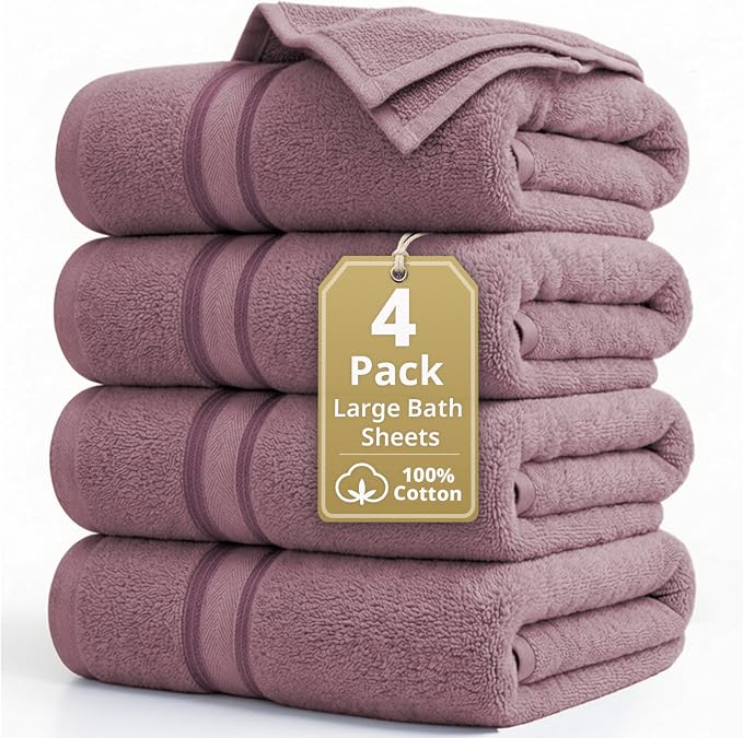 LANE LINEN 100% Cotton Bath Sheets - Zero Twist Cotton - Advanced Weaving Technique - Set of 4 (35" x 66") Turkish Towels Set - Quick Dry, Super Soft & Absorbent - Large Bath Towel Set - Wistful Mauve