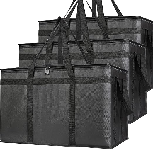 Bodaon 3 Pack Insulated Food Delivery Bags, XXXL Catering Cooler Bag Black | Keeps food hot or frozen for grocery shopping, catering, pizza and rideshare delivery; great for travel and car trips