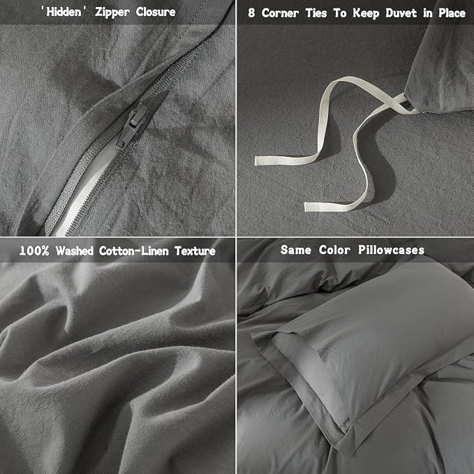 Dark Grey Duvet Cover Oversize Queen Size Bedding Set Cover 100% Washed Cotton Duvet Cover with Zipper Closure and 2 Pillowcases, 98inch x 98inch