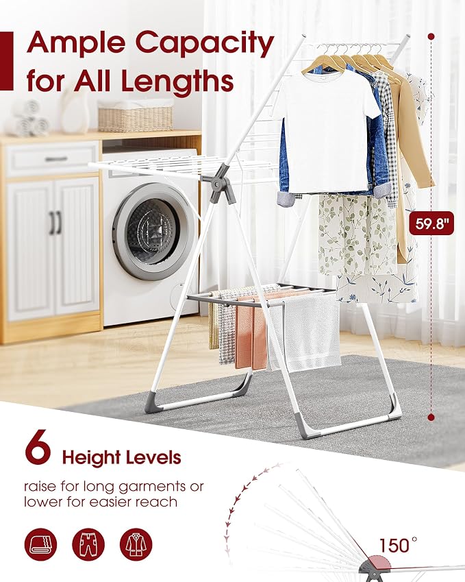 Sakugi Clothes Drying Rack with Height-Adjustable Wings, Metal Foldable Laundry Dryer Stand for Clothing & Bedding, Free-Standing Collapsible for Indoor & Outdoor Use, 55.5" L × 22.8" W, White Gray
