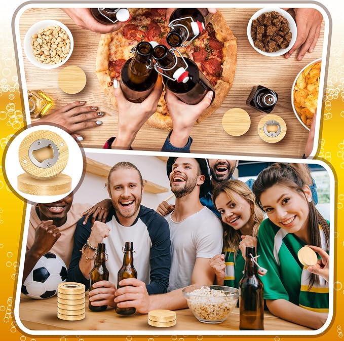 Vesici 70 Pcs Magnetic Bottle Opener 2.5in DIY Bamboo Round Shape Beer Openers Wooden Fridge Magnet Refrigerator Sticker Gift for Beer Lover Wedding Guest Kitchens Bars Parties