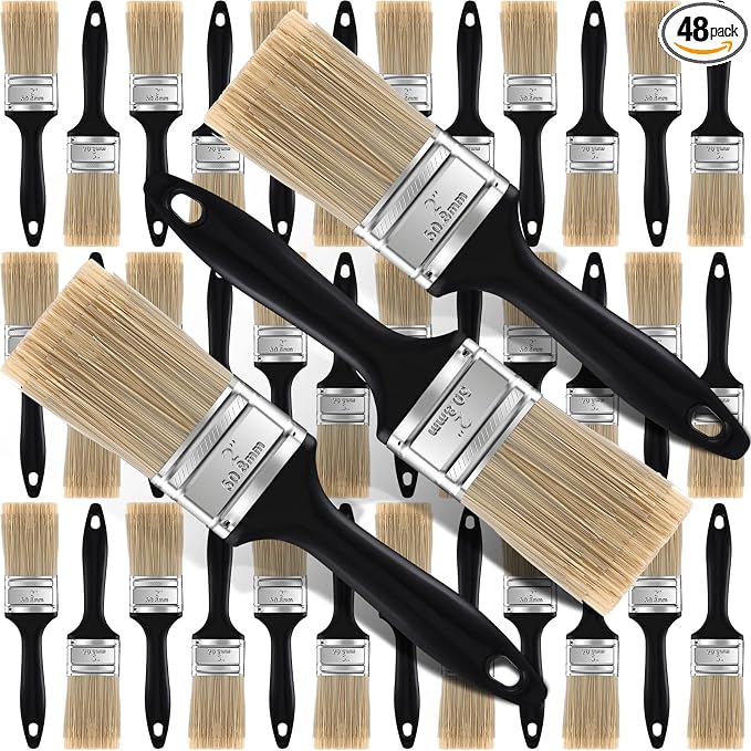 Layhit 48 Pcs Paint Brushes House Chip Paintbrush with Treated Plastic Handles Wide Flat Wall Trim Painting Tool for Paint Stains Wood Cabinet Deck Fence Door Furniture Home DIY (2”)