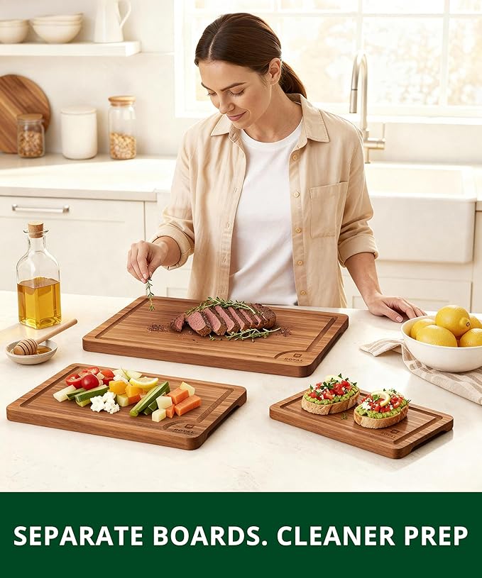 ROYAL CRAFT WOOD Wooden Cutting Boards for Kitchen Appliances - Non Toxic Bamboo Wood Cutting Board Set with Deep Juice Groove, Side Handles, Charcuterie & Butcher Block for Meat, Meal Prep & Serving