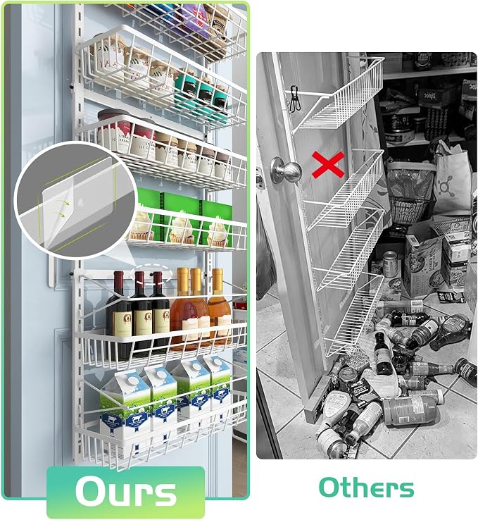 Mefirt Over The Door Pantry Organizer, Wall Mount Spice Rack, Pantry Hanging Storage and Organization, 6 Adjustable Baskets Heavy-Duty Metal for Home & Kitchen, Back of Door Seasoning Rack - White