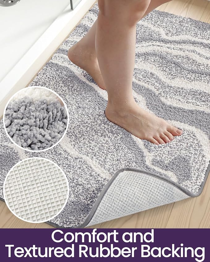 DEXI Bathroom Rug Mat 43x24, Soft and Absorbent Marble Bath Mat, Non Slip Machine Washable Bath Rugs for Shower Floor, Tub, Sink, Grey