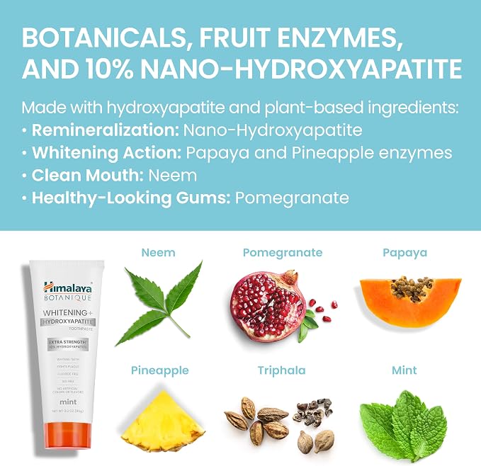 Himalaya Botanique 10% Nano Hydroxyapatite Toothpaste, Mint, 3 oz | nHA Hydroxyapatite Supports Enamel Strength & Integrity, Fluoride Free, Great for Sensitive Teeth, Whitening, SLS Free, Vegan