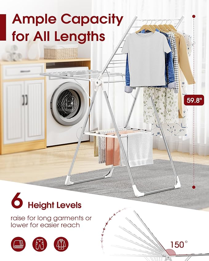 Sakugi Clothes Drying Rack with Height-Adjustable Wings, Metal Foldable Laundry Dryer Stand for Clothing & Bedding, Free-Standing Collapsible for Indoor & Outdoor Use, 55.5" L × 22.8" W, Silver White