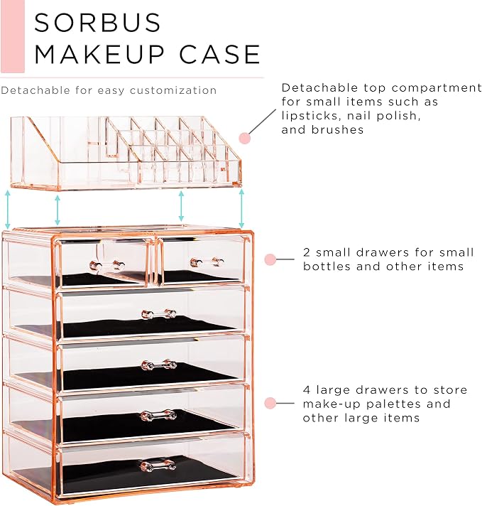 Sorbus Acrylic Makeup Organizer Set, 6-Drawer Vanity & Countertop Cosmetic Storage with Small & Wide Compartments, Pink Makeup Storage for Brushes, Jewelry – Holiday Gift for Women & Teens