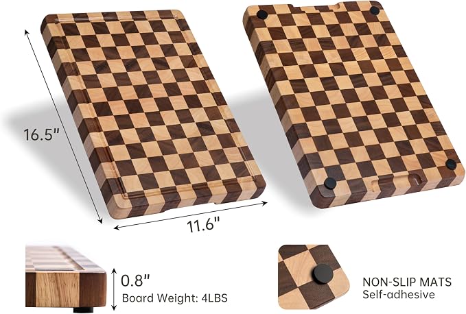 Cutting Boards for Kitchen, Checkered Wood Cutting Board | Walnut Chopping Board with Juice Grooves & Handles, Butcher Block Serving Tray with Gift Box 16" x 11" x 0.8"