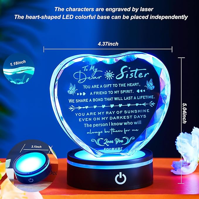Sister Gifts Crystal Keepsake with LED Base, Laser Engraved Sister Gift from Sister, Soul Sister Presents for Women, Unique Big Sister Birthday Gifts for Girls, Best Sister Ever Gifts