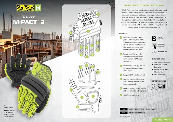 Mechanix Wear Size 9 Hi-Viz Yellow M-Pact 2 Armortex TrekDry Full Finger Anti-Vibration Gloves With Extended Neoprene Cuff, Medium (SP2-91-009)