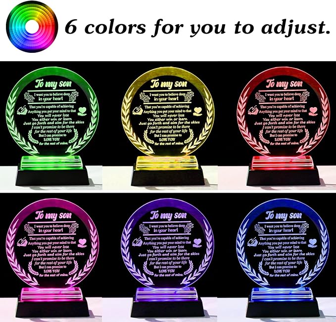 Arikyrist Fathers Day Son Gifts from Mom Dad Crystal Plaque to My Son with LED Light Base Unique Birthday Graduation Gifts for Son Adult