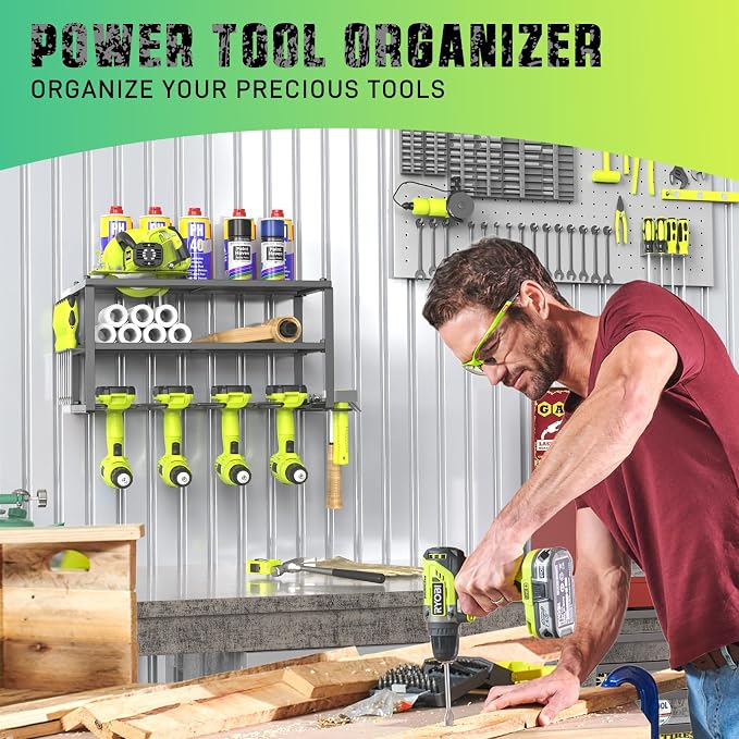 SUNALLY Power Tool Organizer, Heavy Duty Iron, 3 Layers Storage Rack with 4 Drill Holders, Floating Tool Shelf Wall Mounted, Matte Black, Work Shop, Garage, 150Lbs Load Capacity