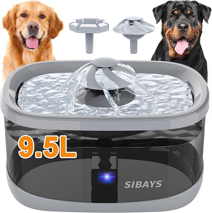 SIBAYS 9.5L Dog Water Fountain for Large Dogs, 2.5Gal Large Capacity Pet Water Fountain with 3 Flow Modes and LED Light, Automatic Ultra Quiet Dog Water Bowl Dispenser, Easy to Clean (FS82, Grey)