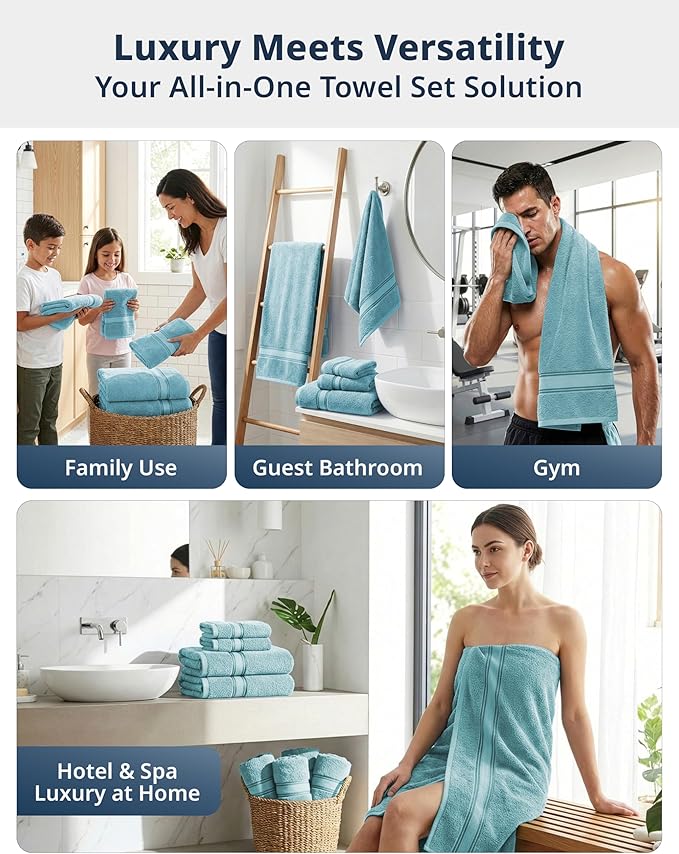 LANE LINEN Bathroom Towel Set 12 Piece Soft Absorbent Quick Dry - Blue | Pack Of Towels - Coordinated Colors, Dobby Border Accent, OEKO-TEX Certified, Zero-Twist Durability, Zero-Twist Cotton