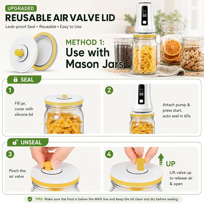 4-in-1 Handheld Vacuum Sealer for Food with Reusable Canning Lids | Rechargeable Portable Vacuum Sealer, Multi-use for Canning Lids, Vacuum Bags, Storage Containers & Wine Preservation