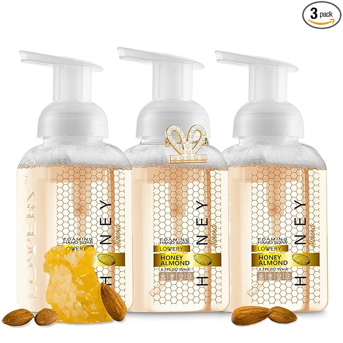Valentines Foaming Hand Soap, 26.25 fl oz - 3-Pack Scented Hand Wash for Kitchen, Bathroom, Alcohol-Free, Moisturizing Hand Soap with Aloe and Essential Oils in Honey Almond Scent - Free Bracelet