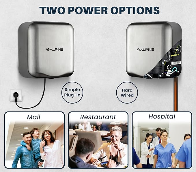 Alpine Industries 400-10-SSB Alpine Hemlock Automatic Hand Dryer - Heavy Duty Stainless Steel - Commercial High Speed Hot Air Hand Blower | 1800Watts | 110-120Volts | Quick & Easy Installation, Brushed Stainless Steel