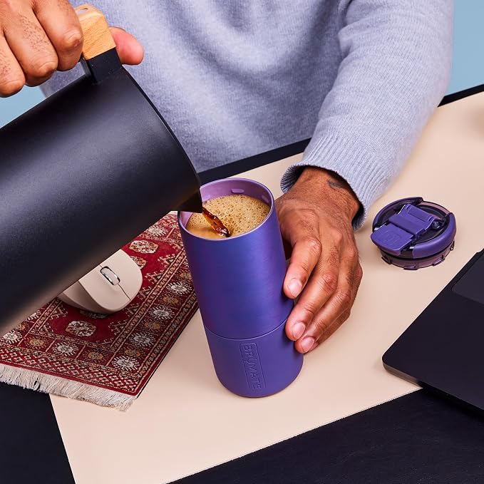 BrüMate Strova 18oz 100% Leakproof Insulated Coffee Mug | Ceramic-Lined Interior | Built-In Silicone Sleeve for Travel | Locking Flip Lid (Dark Aura)