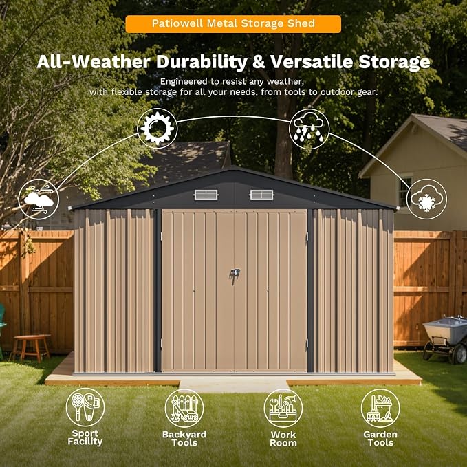 Patiowell 10x12 FT Storage Shed, Outdoor Metal Sheds, Brown | with Lockable Door & Sloping Roof, Waterproof Outside Large Garden Tool Shed with Breathable Vents for Patio Lawn Backyard