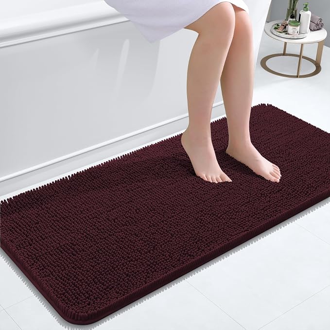 OLANLY Bathroom Runner Rugs 47x20, Soft Absorbent Chenille Bath Rugs, Rubber Backing Quick Dry, Machine Washable Long Bath Mats for Bathroom Floor, Tub and Shower, Home Decor Accessories, Black Cherry