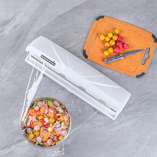 Restaurantware-Chef 101 Food Wrap Dispenser with Cutter, 1 Refillable Cling Wrap Dispenser - Fits 12” to 18” x 2000’ Rolls, Press Down and Cut, White Plastic Aluminum Foil, Sharp Blade