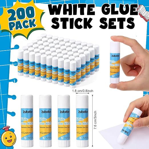 Zubebe 200 Count Glue Stick Bulk, 0.32 oz, 9g, Washable White Glue Stick for Crafts Home Back to School Classroom Students Teachers Employees Scrapbooking Crafting Supplies (Chic)